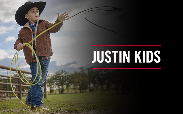 Justin Kids. A cowboy kid throwing a rope next to an ice chest that says Justin.